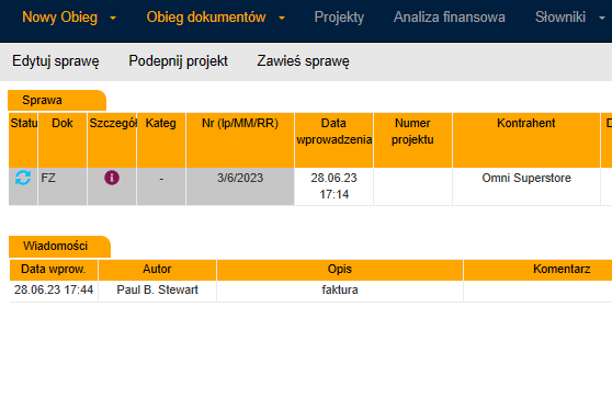 Pojedynczy obieg dokumentu składa się z informacji o sprawie, które wprowadzamy na podstawie zdefiniowanych pól oraz szeregu wiadomości ze szczegółowymi informacjami jak przebiega obieg.
