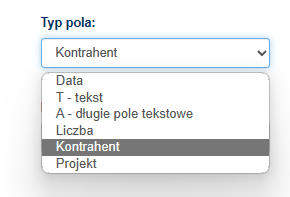 Kolejnym krokiem jest zdefiniowanie pól formularza. Dla każdego typu obiegu ( w tym wypadku dla FZ) definiujemy odpowiednie pola. Mamy dostep do pól takich jak: Kontrahent, daty, któtkie lub długie pola tekstowe, czy nr projektu.